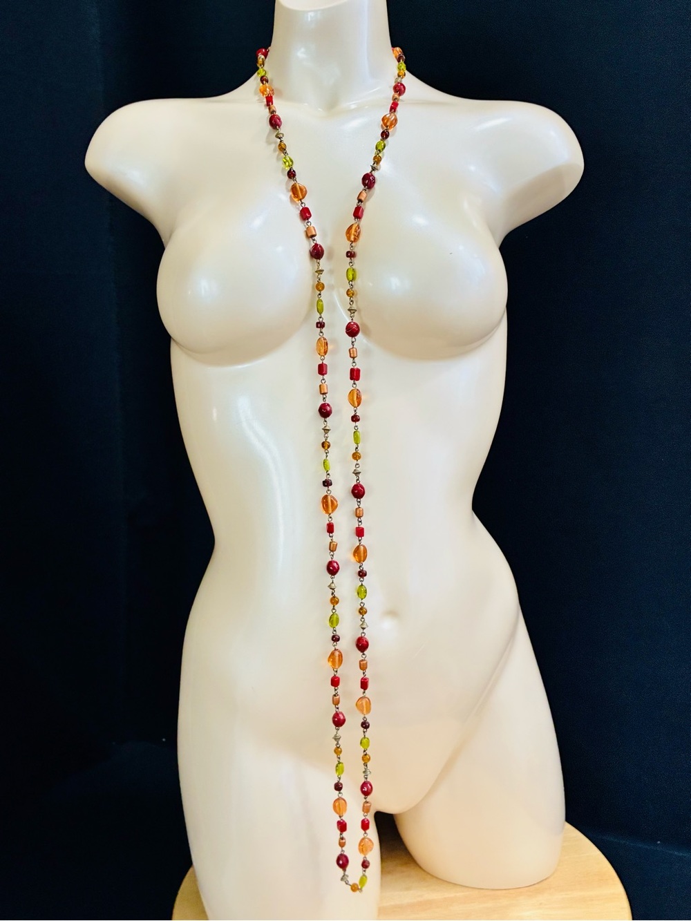VTG Long Glass Beaded Necklace in Red, Orange and Green Easy Over The Head EUC